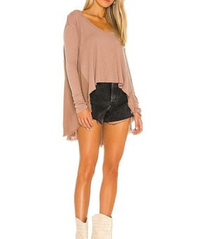 Free People Tt Special Waffle Knit High/low Top Brown Latte Size L MSRP $68