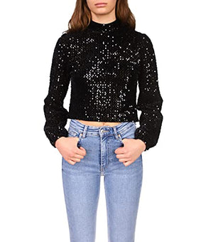 Sanctuary All Nighter Mock Neck Sequin & Velvet Blouse Black LG (US 10-12)