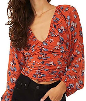 Free People Rose Blouse in Rust Combo Orange Size L MSRP $98