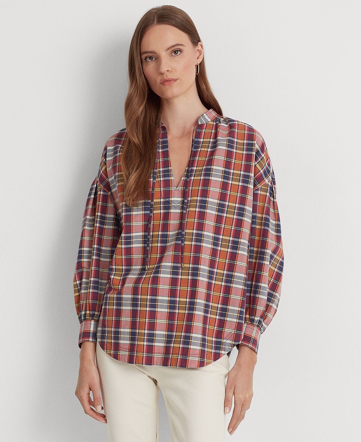 LAUREN RALPH LAUREN Women's Cotton Madras Tie-Neck Blouse Pink Size L MSRP $115