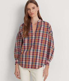 LAUREN RALPH LAUREN Women's Cotton Madras Tie-Neck Blouse Pink Size L MSRP $115