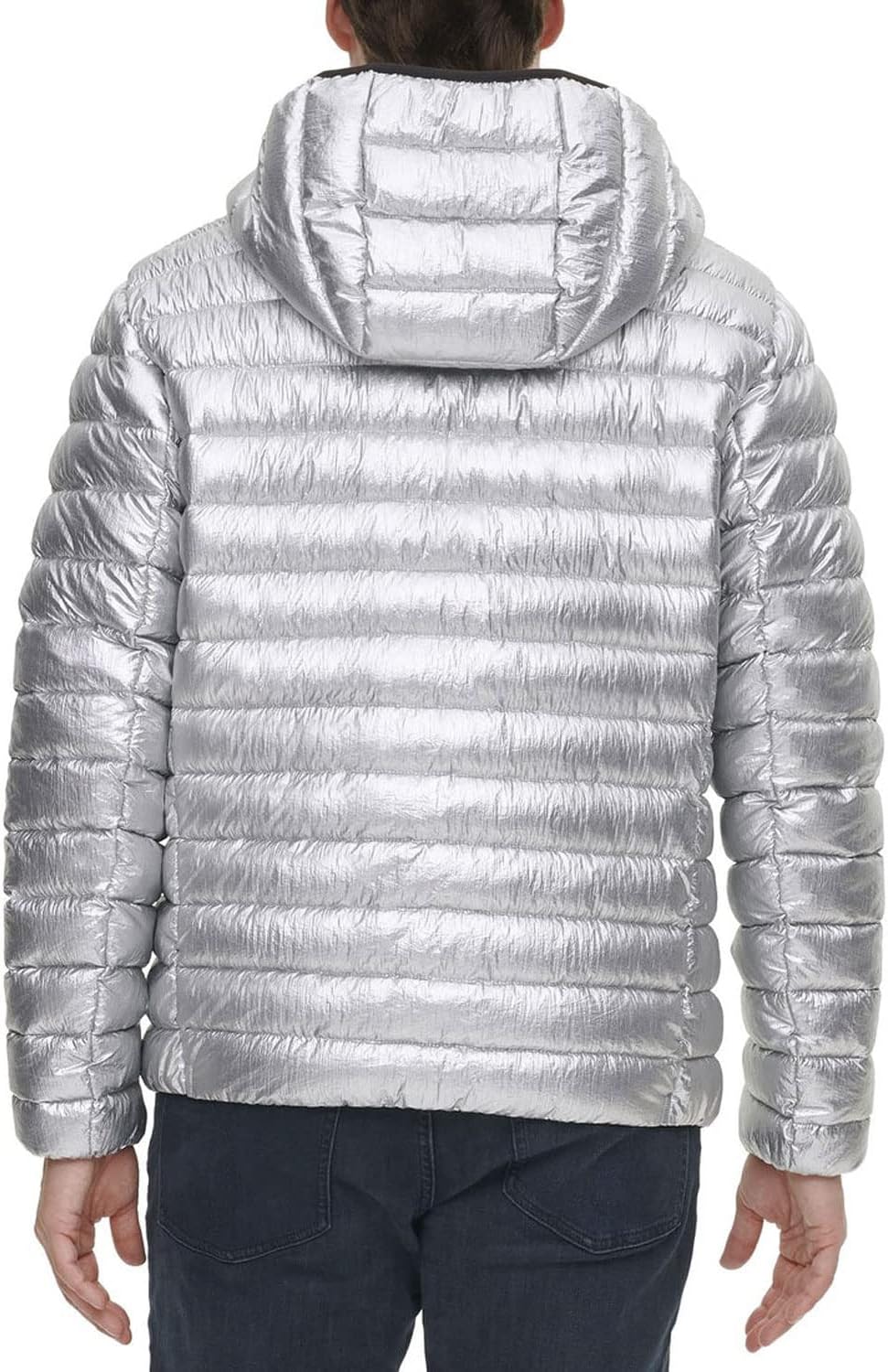 Calvin Klein Mens Packable Down Hooded Jacket Silver Large