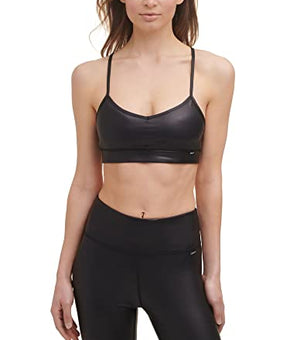 DKNY Sport Intimates Black Mesh Racerback Faux Leather Sports Bra L