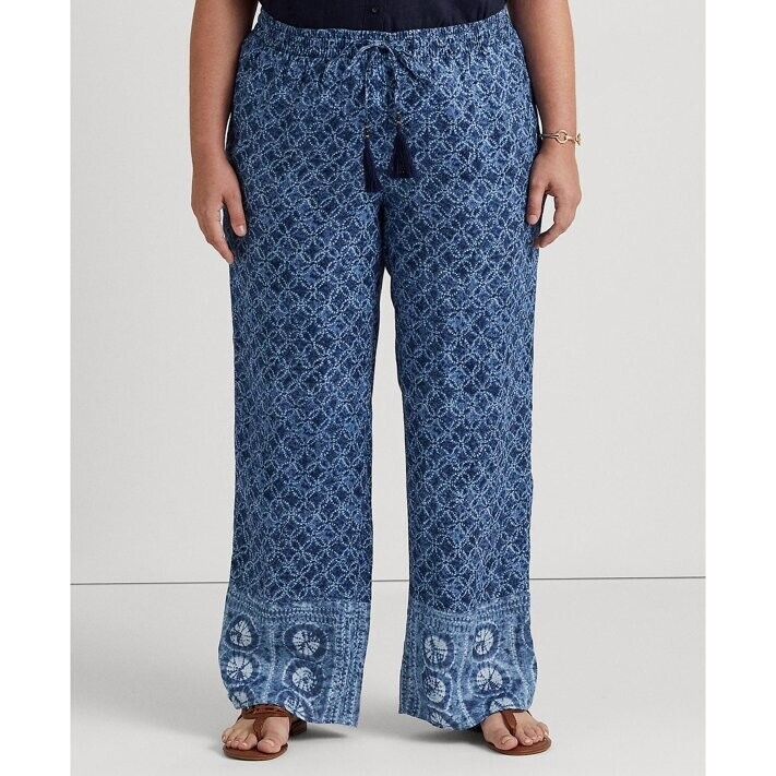 Lauren Ralph Lauren Geo-Print Linen Wide-Leg Pants Blue Plus-Size 1X MSRP $155