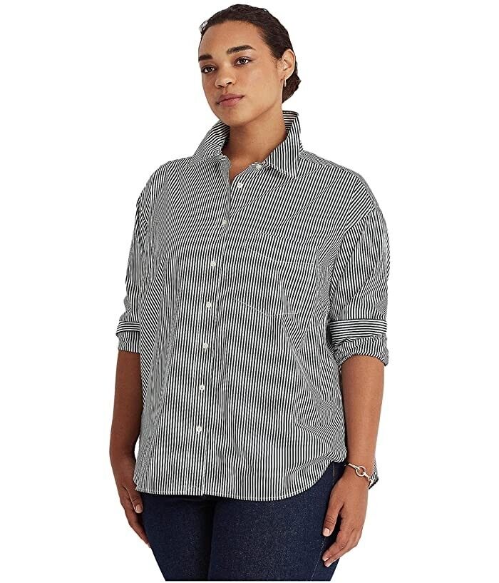 LAUREN Ralph Lauren Plus Size 1X Striped Cotton Broadcloth Shirt Gray MSRP $100