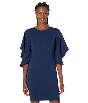 LAUREN Ralph Lauren Ruffle-Sleeve Ponte Dress Navy Blue Size 12 MSRP $165