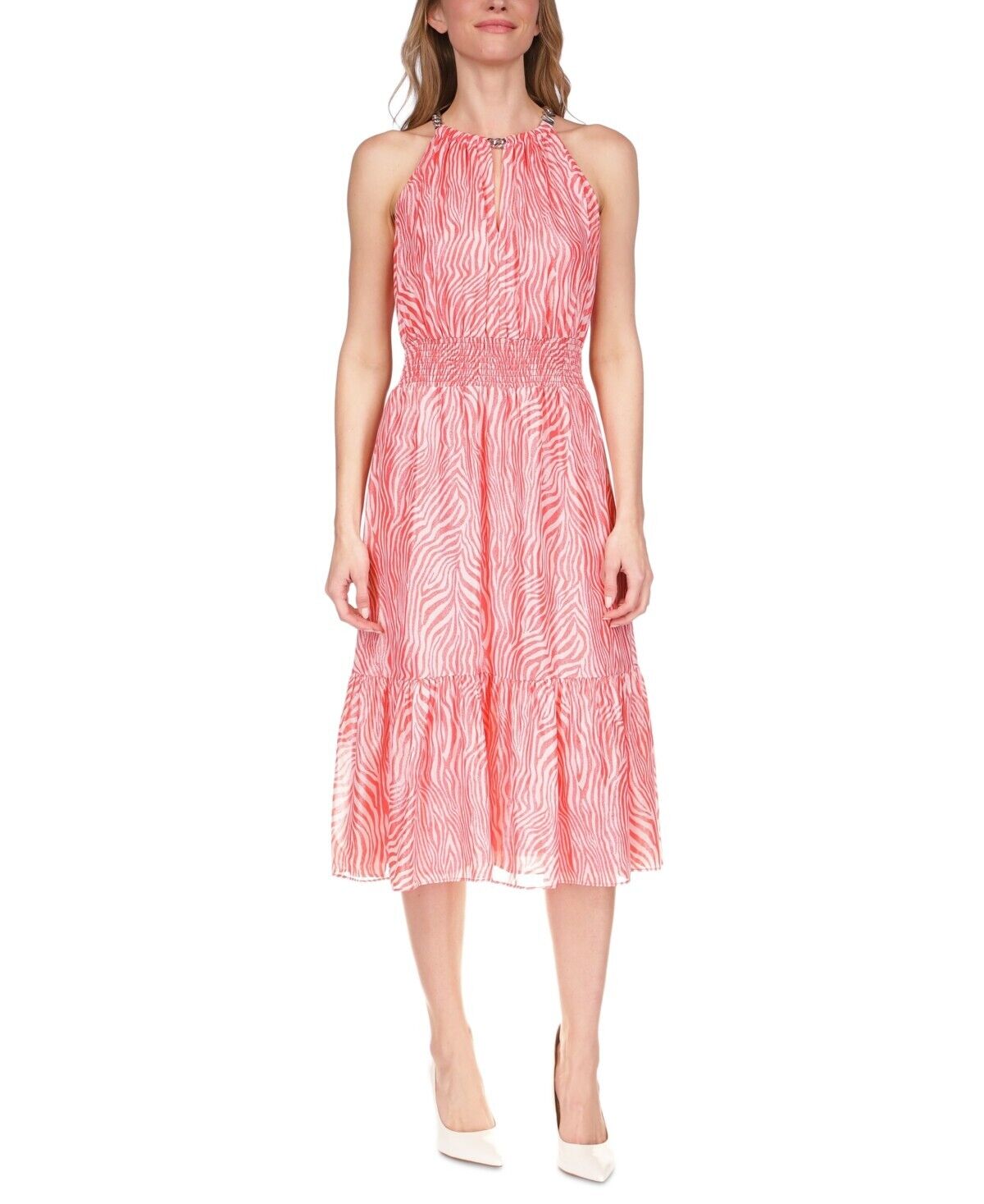 Michael Kors Women's Metallic Zebra Chain Halter Dress Pink Size XL MSRP $195