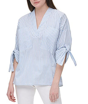 Calvin Klein V-Neck Pullover Blouse Cashmere White Blue Size S (US 4-6)
