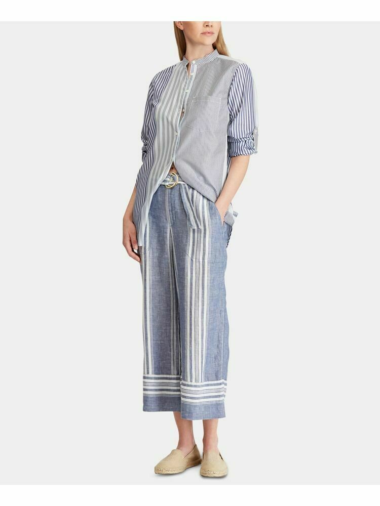 RALPH LAUREN Womens Blue Belted Striped Wide Leg Pants Size: 10 MSRP $125
