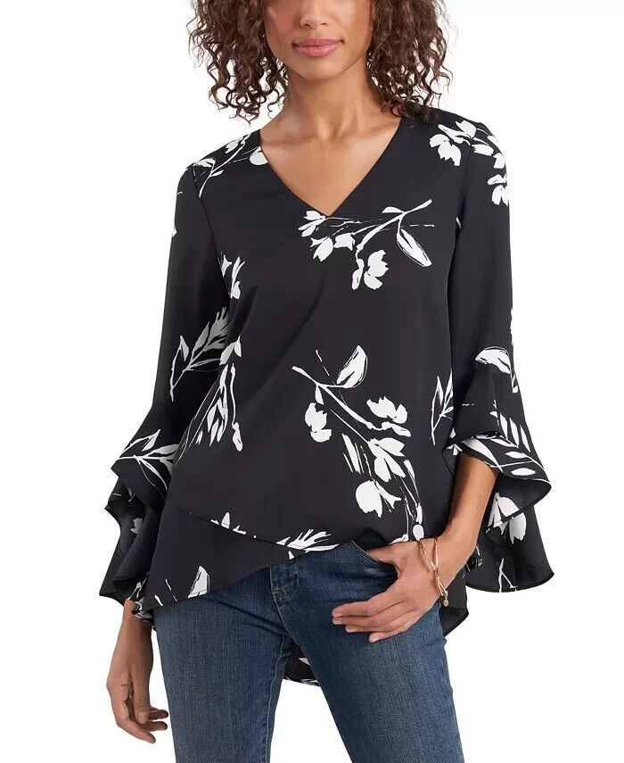 VINCE CAMUTO Floral Whisper Printed Flutter-Sleeve Blouse Black Size XL $89