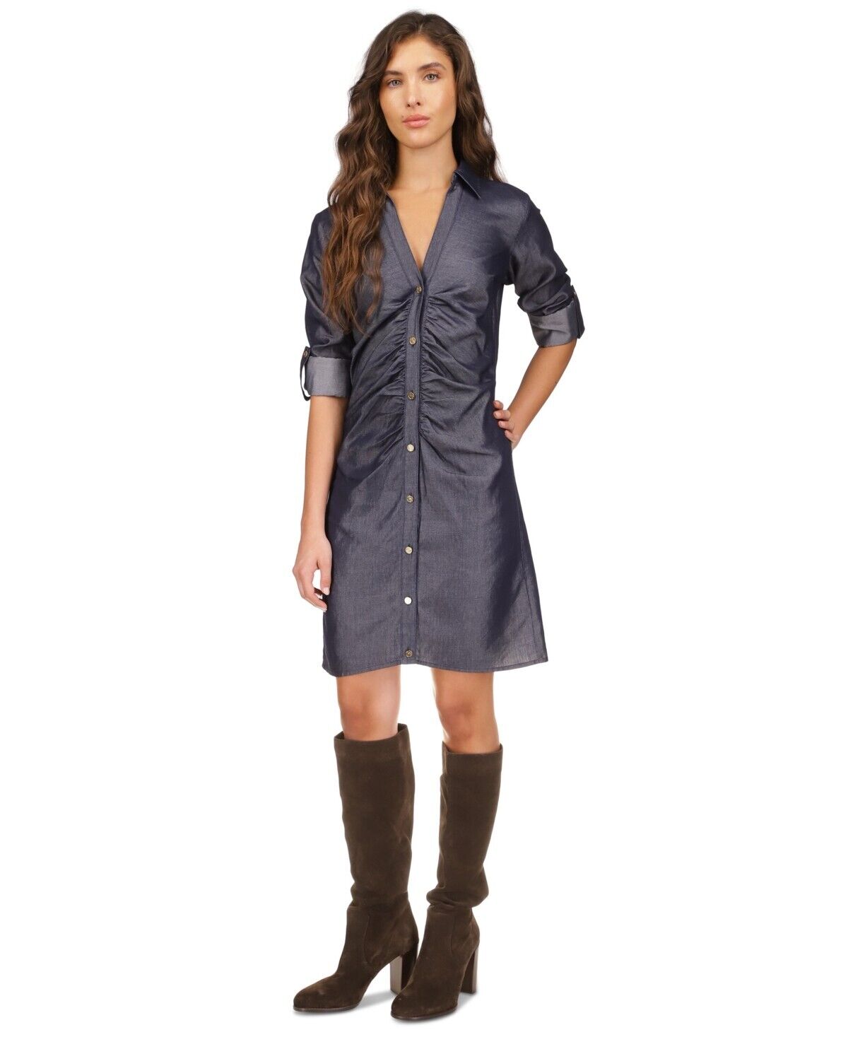MICHAEL KORS Women Ruched-Front Roll-Tab-Sleeve Shirtdress Blue Size M MSRP $165