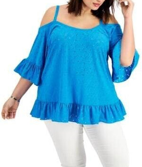 Michael Kors Plus Size Cold-Shoulder Eyelet Top Blue 2X MSRP $84