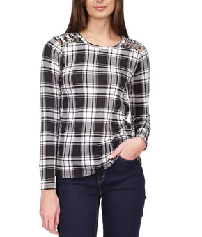 MICHAEL MICHAEL KORS Plaid Lace-Up Top Black Ivory Size XL MSRP $78