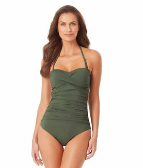 ANNE COLE Twist-Front Ruched One-Piece Swimsuit Olive Green Size 6
