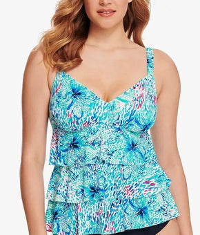 Swim Solutions Women's Printed Tiered Tankini Top Blue Size 10 MSRP $72