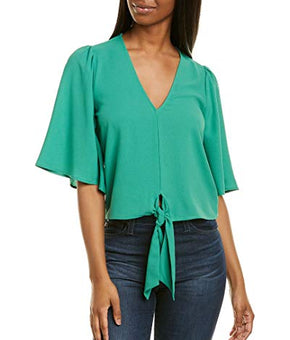 1.STATE Womens Flounce-Sleeve Tie-Front Top, Green, Size XS