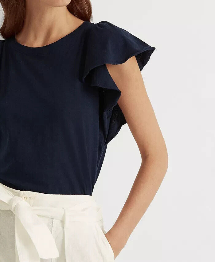 Lauren Ralph Lauren Ruffle-Sleeve Slub Jersey T-Shirt Navy Blue Size M MSRP $70