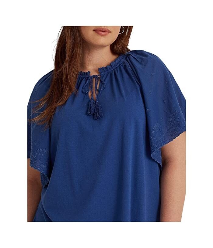 Lauren Ralph Lauren Eyelet Jersey Flutter-Sleeve Top Blue Plus Size 3X MSRP $125