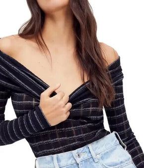 Free People Snowbunny Girlfriend Off the Shoulder Top in Black Sizse XL MSRP $68