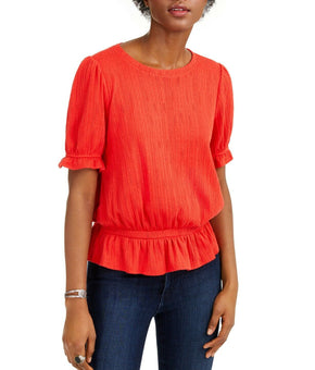 Lucky Brand Women Pointelle Knit Banded Top Bright Orange Size M
