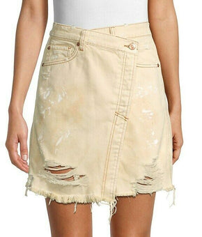 Free People Women's Destroyed Denim Wrap Skirt Sky Cream Beige Size 28 MSRP $78