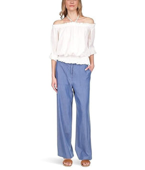 Michael Michael Kors Women's Chambray Wide-Leg Pants Blue Size L MSRP $125
