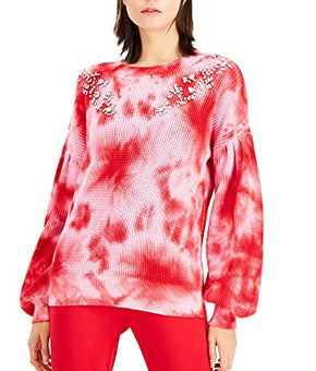 INC Womens Red Tie Dye Long Sleeve Jewel Neck Sweater Size S