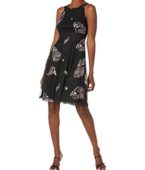 NINE WEST Women's Halter Neck Fit and Flare Dress, Black/Blossom Multi, 2