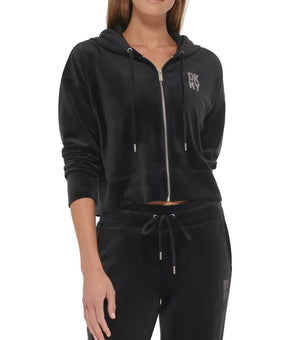 Dkny Sport Women Velour rhinestones Logo Zip-Up Hoodie Black, Size S MSRP $80