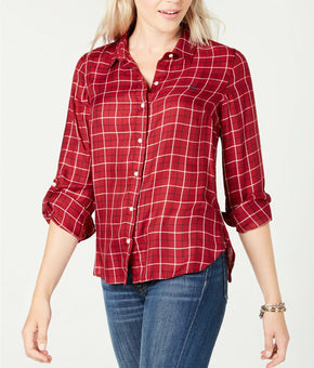 Tommy Hilfiger Women Plaid Utility Shirt Red Multi Size S