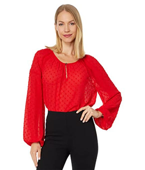 Vince Camuto Long Sleeve Keyhole Front Crinkle Clip Dot Blouse Fireball MD