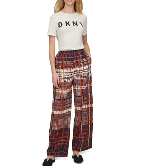 DKNY Womens Plaid Wide-Leg Pants Brown Black Size XL