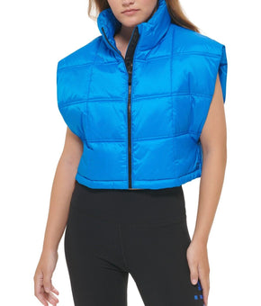 Calvin Klein Women's Cropped Mock-Neck Zip-up Vest Blue Size L MSRP $80