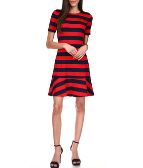 Michael Kors Striped Flounce-Hem A-Line Dress Red Blue Petite Size PXL