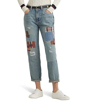 LAUREN Ralph Lauren Patchwork Relaxed Tapered Jeans Skye Wash Blue Size 12 $195