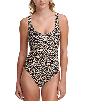 DKNY Women's Standard One Piece Scoop Neck Bathing Suit, Suntan Leopard, 14