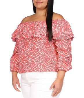 Michael Kors Women's Top Plus Size 3X Zebra-Print Ruffled Peasant Pink MSRP $88