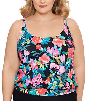 Swim Solutions In Living Color Blouson Tankini Swimwear Top Black Plus Size 20W