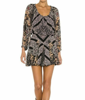 Free People Women Black Combo Boho Chiffon Mini Dress Size L MSRP $148