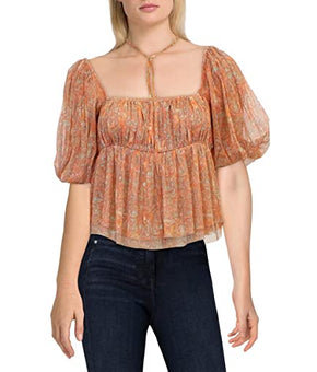 Free People Womens Penelope Printed Smocked Peplum Top Orange L