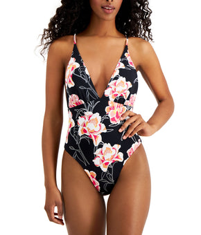 ROXY Women Black, Floral Deep V Neck Moderate Coverage One Piece Swimsuit Size M