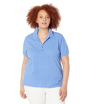 Lauren Ralph Lauren Plus Size 2X Eyelet Jersey Polo Shirt Blue MSRP $99