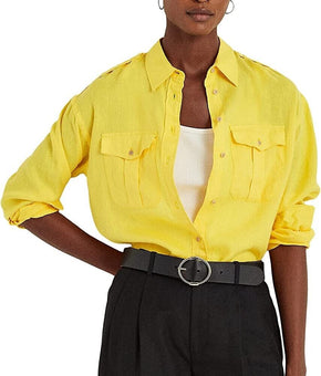 Lauren Ralph Lauren Womens Button Front Linen Shirt Yellow Size M MSRP $115