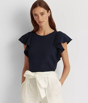 Lauren Ralph Lauren Ruffle-Sleeve Slub Jersey T-Shirt Navy Blue Size M MSRP $70