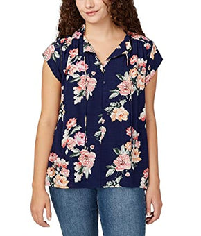 Buffalo Women's Top Size M Split V-Neck Flutter Sleeve Floral Blouse Blue