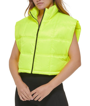 Calvin Klein Women's Cropped Mock-Neck Zip-up Vest Neon Green Size M MSRP $80