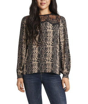 Vince Camuto Women Snake Print Lace Yoke Pleated Front Blouse Beige Black Size S