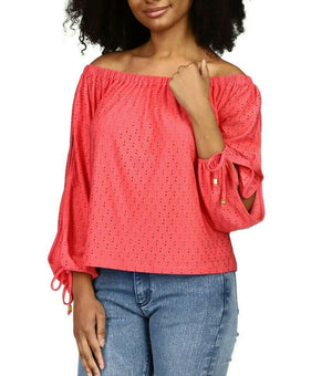 Michael Kors Eyelet-Embroidered Split-Sleeve Top Pink Size L MSRP $84