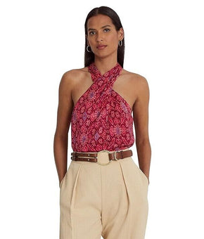 LAUREN Ralph Lauren Shantung Halter Blouse Pink Women's Pink Size XL MSRP $145