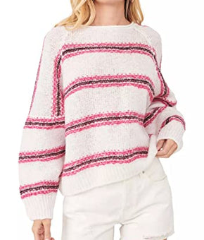 Free People Women Hockley Long Shoulder Knit Stripe Sweater Cream Pink Size L